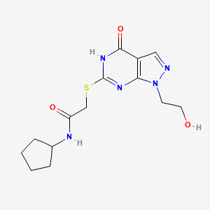 molecular formula C14H19N5O3S B2468901 N-cyclopentyl-2-((1-(2-hydroxyethyl)-4-oxo-4,5-dihydro-1H-pyrazolo[3,4-d]pyrimidin-6-yl)thio)acetamide CAS No. 1005295-65-7