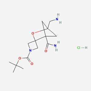 molecular formula C14H24ClN3O4 B2468938 Tert-butyl 4'-(aminomethyl)-1'-carbamoyl-3'-oxaspiro[azetidine-3,2'-bicyclo[2.1.1]hexane]-1-carboxylate hydrochloride CAS No. 2490431-91-7