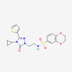 molecular formula C19H20N4O5S2 B2468971 N-(2-(4-cyclopropyl-5-oxo-3-(thiophen-2-yl)-4,5-dihydro-1H-1,2,4-triazol-1-yl)ethyl)-2,3-dihydrobenzo[b][1,4]dioxine-6-sulfonamide CAS No. 1448036-16-5