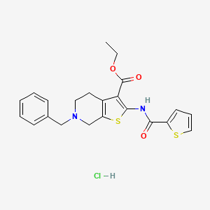 molecular formula C22H23ClN2O3S2 B2469077 Ethyl 6-benzyl-2-(thiophene-2-carboxamido)-4,5,6,7-tetrahydrothieno[2,3-c]pyridine-3-carboxylate hydrochloride CAS No. 1329954-84-8