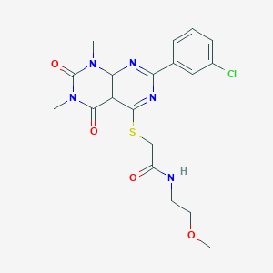 molecular formula C19H20ClN5O4S B2469081 2-((2-(3-chlorophenyl)-6,8-dimethyl-5,7-dioxo-5,6,7,8-tetrahydropyrimido[4,5-d]pyrimidin-4-yl)thio)-N-(2-methoxyethyl)acetamide CAS No. 893920-35-9