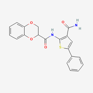 molecular formula C20H16N2O4S B2469169 N-(3-carbamoyl-5-phenylthiophen-2-yl)-2,3-dihydrobenzo[b][1,4]dioxine-2-carboxamide CAS No. 941934-66-3