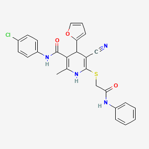 molecular formula C26H21ClN4O3S B2469221 N-(4-chlorophenyl)-5-cyano-4-(furan-2-yl)-2-methyl-6-((2-oxo-2-(phenylamino)ethyl)thio)-1,4-dihydropyridine-3-carboxamide CAS No. 380325-25-7