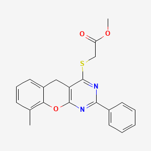 molecular formula C21H18N2O3S B2469512 Methyl 2-({9-methyl-2-phenyl-5H-chromeno[2,3-D]pyrimidin-4-YL}sulfanyl)acetate CAS No. 866871-00-3