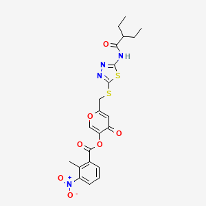 molecular formula C22H22N4O7S2 B2469644 6-(((5-(2-ethylbutanamido)-1,3,4-thiadiazol-2-yl)thio)methyl)-4-oxo-4H-pyran-3-yl 2-methyl-3-nitrobenzoate CAS No. 877652-14-7
