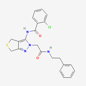 molecular formula C22H21ClN4O2S B2469647 2-chloro-N-(2-(2-oxo-2-(phenethylamino)ethyl)-4,6-dihydro-2H-thieno[3,4-c]pyrazol-3-yl)benzamide CAS No. 1105251-18-0