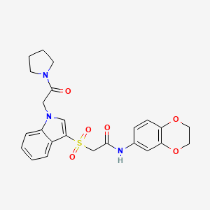 molecular formula C24H25N3O6S B2469650 N-(2,3-dihydrobenzo[b][1,4]dioxin-6-yl)-2-((1-(2-oxo-2-(pyrrolidin-1-yl)ethyl)-1H-indol-3-yl)sulfonyl)acetamide CAS No. 878056-62-3