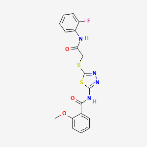molecular formula C18H15FN4O3S2 B2469818 N-[5-({2-[(2-fluorophenyl)amino]-2-oxoethyl}sulfanyl)-1,3,4-thiadiazol-2-yl]-2-methoxybenzamide CAS No. 392298-52-1