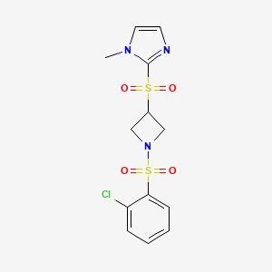 molecular formula C13H14ClN3O4S2 B2469848 2-((1-((2-chlorophenyl)sulfonyl)azetidin-3-yl)sulfonyl)-1-methyl-1H-imidazole CAS No. 2034490-49-6