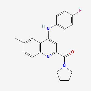 molecular formula C21H20FN3O B2470246 N-(4-fluorophenyl)-6-methyl-2-(pyrrolidine-1-carbonyl)quinolin-4-amine CAS No. 1251612-68-6