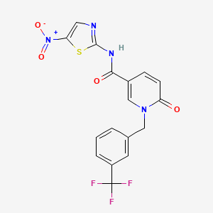molecular formula C17H11F3N4O4S B2470267 N-(5-nitro-1,3-thiazol-2-yl)-6-oxo-1-{[3-(trifluoromethyl)phenyl]methyl}-1,6-dihydropyridine-3-carboxamide CAS No. 941884-95-3
