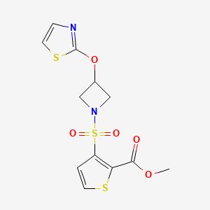 molecular formula C12H12N2O5S3 B2470499 methyl 3-{[3-(1,3-thiazol-2-yloxy)azetidin-1-yl]sulfonyl}thiophene-2-carboxylate CAS No. 1705502-30-2