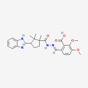 (E)-6-((2-(3-(1H-benzo[d]imidazol-2-yl)-1,2,2-trimethylcyclopentanecarbonyl)hydrazono)methyl)-2,3-dimethoxybenzoic acid
