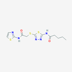 molecular formula C12H15N5O2S3 B2470746 N-(5-((2-oxo-2-(thiazol-2-ylamino)ethyl)thio)-1,3,4-thiadiazol-2-yl)pentanamide CAS No. 389073-85-2