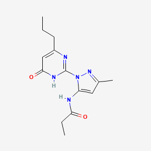 molecular formula C14H19N5O2 B2470828 N-(3-methyl-1-(6-oxo-4-propyl-1,6-dihydropyrimidin-2-yl)-1H-pyrazol-5-yl)propionamide CAS No. 1004257-62-8