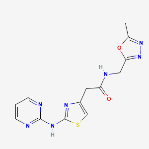 molecular formula C13H13N7O2S B2470914 N-((5-methyl-1,3,4-oxadiazol-2-yl)methyl)-2-(2-(pyrimidin-2-ylamino)thiazol-4-yl)acetamide CAS No. 1226445-46-0