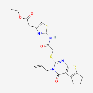 molecular formula C21H22N4O4S3 B2471017 ethyl 2-[2-(2-{[12-oxo-11-(prop-2-en-1-yl)-7-thia-9,11-diazatricyclo[6.4.0.0^{2,6}]dodeca-1(8),2(6),9-trien-10-yl]sulfanyl}acetamido)-1,3-thiazol-4-yl]acetate CAS No. 488827-51-6