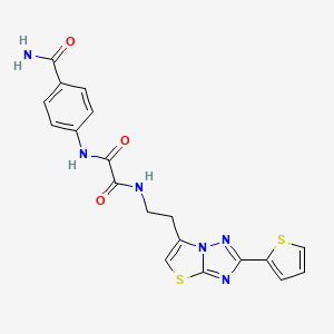 molecular formula C19H16N6O3S2 B2471152 N'-(4-carbamoylphenyl)-N-{2-[2-(thiophen-2-yl)-[1,2,4]triazolo[3,2-b][1,3]thiazol-6-yl]ethyl}ethanediamide CAS No. 941999-66-2