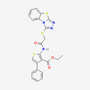 molecular formula C23H18N4O3S3 B2471154 Ethyl 4-phenyl-2-(2-{7-thia-2,4,5-triazatricyclo[6.4.0.0^{2,6}]dodeca-1(8),3,5,9,11-pentaen-3-ylsulfanyl}acetamido)thiophene-3-carboxylate CAS No. 300557-84-0