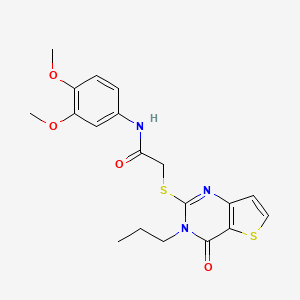 molecular formula C19H21N3O4S2 B2471224 N-(3,4-dimethoxyphenyl)-2-({4-oxo-3-propyl-3H,4H-thieno[3,2-d]pyrimidin-2-yl}sulfanyl)acetamide CAS No. 1252915-69-7