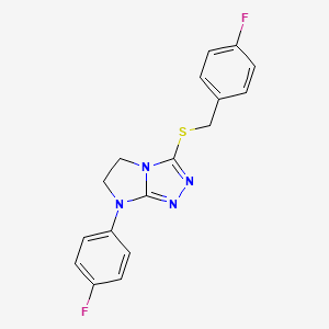 molecular formula C17H14F2N4S B2471227 3-((4-fluorobenzyl)thio)-7-(4-fluorophenyl)-6,7-dihydro-5H-imidazo[2,1-c][1,2,4]triazole CAS No. 923226-31-7