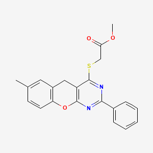 molecular formula C21H18N2O3S B2471430 Methyl 2-({7-methyl-2-phenyl-5H-chromeno[2,3-D]pyrimidin-4-YL}sulfanyl)acetate CAS No. 866340-61-6