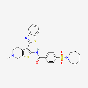 molecular formula C28H30N4O3S3 B2471572 4-(azepan-1-ylsulfonyl)-N-(3-(benzo[d]thiazol-2-yl)-6-methyl-4,5,6,7-tetrahydrothieno[2,3-c]pyridin-2-yl)benzamide CAS No. 486453-30-9