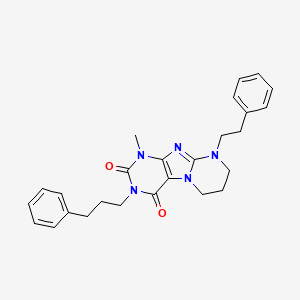 molecular formula C26H29N5O2 B2471704 1-methyl-9-(2-phenylethyl)-3-(3-phenylpropyl)-1H,2H,3H,4H,6H,7H,8H,9H-pyrimido[1,2-g]purine-2,4-dione CAS No. 877805-07-7
