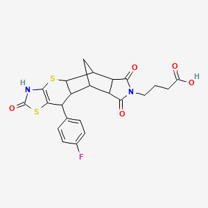 molecular formula C23H21FN2O5S2 B2471795 4-[10-(4-fluorophenyl)-2,6,8-trioxo-3,4a,5,5a,6,8,8a,9,9a,10-decahydro-5,9-methano[1,3]thiazolo[5',4':5,6]thiopyrano[2,3-f]isoindol-7(2H)-yl]butanoic acid CAS No. 1177818-32-4