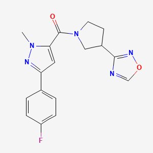 molecular formula C17H16FN5O2 B2471867 (3-(1,2,4-oxadiazol-3-yl)pyrrolidin-1-yl)(3-(4-fluorophenyl)-1-methyl-1H-pyrazol-5-yl)methanone CAS No. 2034410-49-4