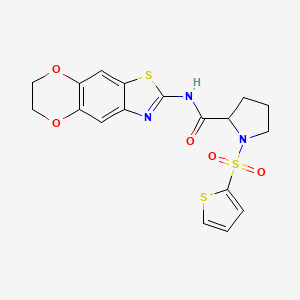 molecular formula C18H17N3O5S3 B2472354 N-(6,7-dihydro-[1,4]dioxino[2,3-f][1,3]benzothiazol-2-yl)-1-thiophen-2-ylsulfonylpyrrolidine-2-carboxamide CAS No. 1098640-73-3
