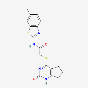 molecular formula C17H16N4O2S2 B2472365 N-(6-methyl-1,3-benzothiazol-2-yl)-2-({2-oxo-1H,2H,5H,6H,7H-cyclopenta[d]pyrimidin-4-yl}sulfanyl)acetamide CAS No. 933230-41-2