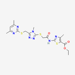 molecular formula C19H23N7O3S3 B2472447 ethyl 2-(2-((5-(((4,6-dimethylpyrimidin-2-yl)thio)methyl)-4-methyl-4H-1,2,4-triazol-3-yl)thio)acetamido)-4-methylthiazole-5-carboxylate CAS No. 637321-29-0