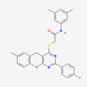 molecular formula C28H24FN3O2S B2472618 N-(3,5-DIMETHYLPHENYL)-2-{[2-(4-FLUOROPHENYL)-7-METHYL-5H-CHROMENO[2,3-D]PYRIMIDIN-4-YL]SULFANYL}ACETAMIDE CAS No. 895646-81-8