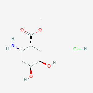 molecular formula C8H16ClNO4 B2472670 Methyl (1R,2S,4S,5R)-2-amino-4,5-dihydroxycyclohexane-1-carboxylate;hydrochloride CAS No. 2413847-31-9