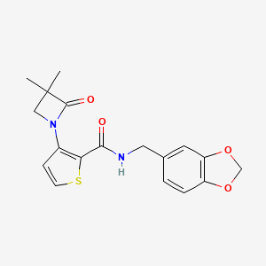 molecular formula C18H18N2O4S B2472691 N-(1,3-benzodioxol-5-ylmethyl)-3-(3,3-dimethyl-2-oxo-1-azetanyl)-2-thiophenecarboxamide CAS No. 866156-13-0