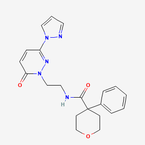 molecular formula C21H23N5O3 B2472718 N-(2-(6-oxo-3-(1H-pyrazol-1-yl)pyridazin-1(6H)-yl)ethyl)-4-phenyltetrahydro-2H-pyran-4-carboxamide CAS No. 1351620-20-6