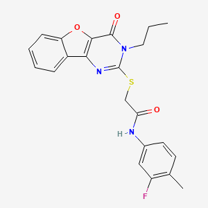 molecular formula C22H20FN3O3S B2472856 N-(3-fluoro-4-methylphenyl)-2-((4-oxo-3-propyl-3,4-dihydrobenzofuro[3,2-d]pyrimidin-2-yl)thio)acetamide CAS No. 899755-88-5
