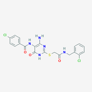 molecular formula C20H17Cl2N5O3S B2472863 N-(4-amino-2-((2-((2-chlorobenzyl)amino)-2-oxoethyl)thio)-6-oxo-1,6-dihydropyrimidin-5-yl)-4-chlorobenzamide CAS No. 872597-67-6