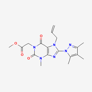 molecular formula C18H22N6O4 B2472919 methyl 2-[3-methyl-2,6-dioxo-7-(prop-2-en-1-yl)-8-(3,4,5-trimethyl-1H-pyrazol-1-yl)-2,3,6,7-tetrahydro-1H-purin-1-yl]acetate CAS No. 1014029-08-3