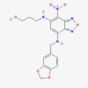 molecular formula C17H17N5O6 B2472935 3-[(7-{[(2H-1,3-benzodioxol-5-yl)methyl]amino}-4-nitro-2,1,3-benzoxadiazol-5-yl)amino]propan-1-ol CAS No. 452086-85-0