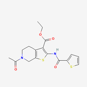 molecular formula C17H18N2O4S2 B2472957 Ethyl 6-acetyl-2-(thiophene-2-carboxamido)-4,5,6,7-tetrahydrothieno[2,3-c]pyridine-3-carboxylate CAS No. 921109-72-0