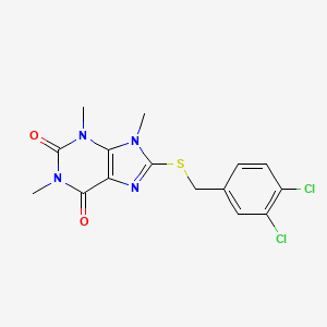 molecular formula C15H14Cl2N4O2S B2473035 8-[(3,4-Dichlorophenyl)methylsulfanyl]-1,3,9-trimethylpurine-2,6-dione CAS No. 897454-33-0