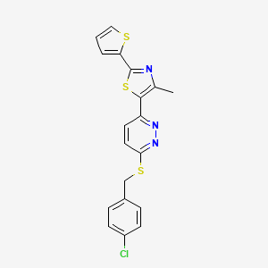 molecular formula C19H14ClN3S3 B2473149 3-{[(4-chlorophenyl)methyl]sulfanyl}-6-[4-methyl-2-(thiophen-2-yl)-1,3-thiazol-5-yl]pyridazine CAS No. 923245-26-5