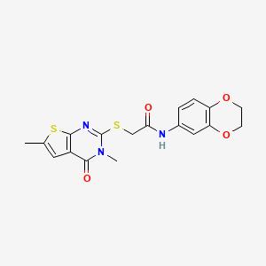 molecular formula C18H17N3O4S2 B2473185 N-(2,3-dihydro-1,4-benzodioxin-6-yl)-2-({3,6-dimethyl-4-oxo-3H,4H-thieno[2,3-d]pyrimidin-2-yl}sulfanyl)acetamide CAS No. 878695-73-9