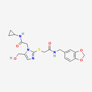 molecular formula C19H22N4O5S B2473217 N-(benzo[d][1,3]dioxol-5-ylmethyl)-2-((1-(2-(cyclopropylamino)-2-oxoethyl)-5-(hydroxymethyl)-1H-imidazol-2-yl)thio)acetamide CAS No. 921567-94-4