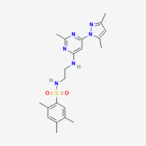 molecular formula C21H28N6O2S B2473742 N-(2-((6-(3,5-dimethyl-1H-pyrazol-1-yl)-2-methylpyrimidin-4-yl)amino)ethyl)-2,4,5-trimethylbenzenesulfonamide CAS No. 1172723-24-8