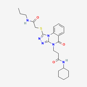 molecular formula C23H30N6O3S B2474014 N-cyclohexyl-3-(5-oxo-1-{[(propylcarbamoyl)methyl]sulfanyl}-4H,5H-[1,2,4]triazolo[4,3-a]quinazolin-4-yl)propanamide CAS No. 1113104-38-3