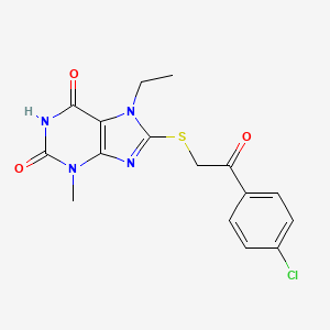 molecular formula C16H15ClN4O3S B2474424 8-((2-(4-chlorophenyl)-2-oxoethyl)thio)-7-ethyl-3-methyl-1H-purine-2,6(3H,7H)-dione CAS No. 189149-75-5