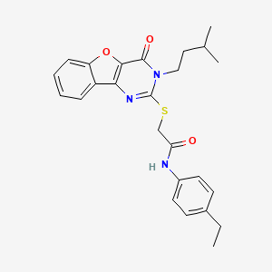 molecular formula C25H27N3O3S B2474432 N-(4-ethylphenyl)-2-{[3-(3-methylbutyl)-4-oxo-3,4-dihydro[1]benzofuro[3,2-d]pyrimidin-2-yl]sulfanyl}acetamide CAS No. 900003-38-5